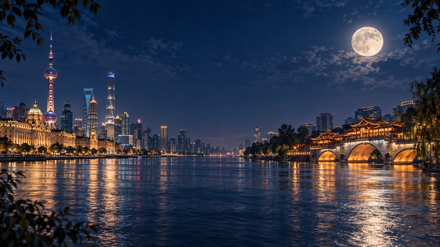 月夜双城水岸,上海与成都的灯火倒映江面